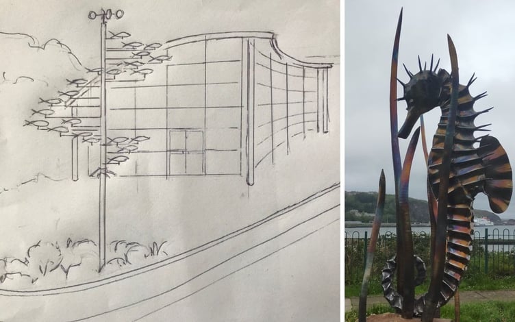 The planned seahorse sculpture and and a drawing of the wind-powered shoal of fish. Picture: Pembrokeshire County Council application.