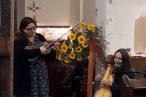 Celtic harpist Jess Ward and violinist Holly Robinson at St Caradoc’s Church, Lawrenny