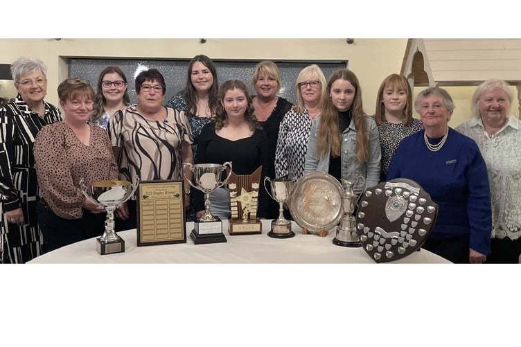 Members of the Whitland Ladies team who enjoyed a highly successful season, winning the WWLBA league title, as well as a host of other trophies. From left are Andrea Thomas, Sarah Thomas, Katie Thomas, Cally Jones, Katie Dickinson, Emily Davies, Tracey Hollins, Kathy Jenner, Eleanor Davies, Chloe Thomas, Dianne Scourfield, Sue Evans