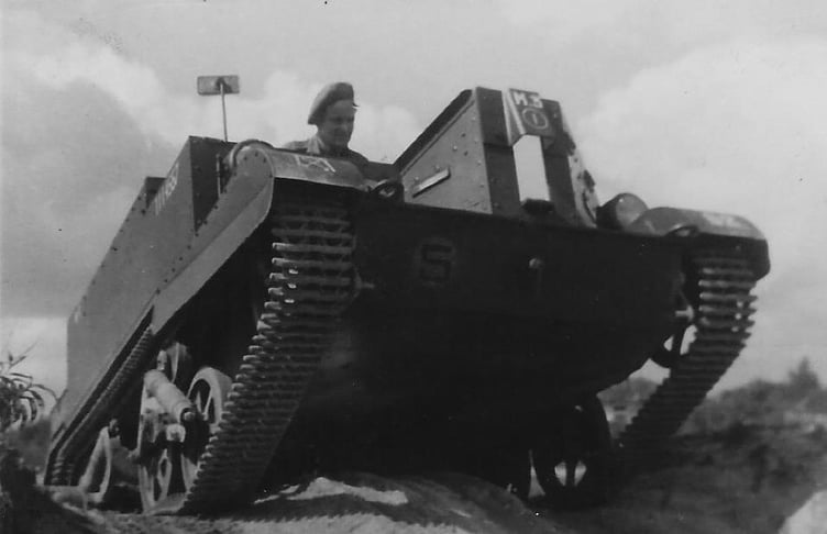 Flashback to wartime – Saundersfoot’s Duncan Hilling at the controls of a Universal Carrier.