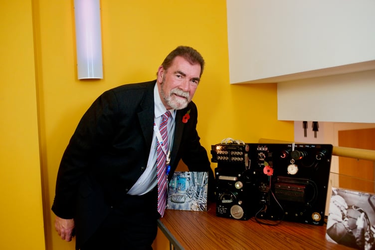 Dr Andy Watkin and the Lancaster bomb aimer’s panel.