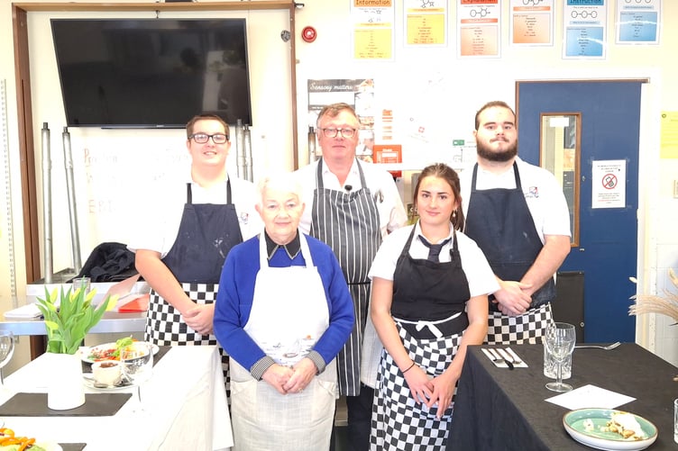 Young Chef competitors Kai Chapman, Rotarian Nick Stretton, Jack Monk and Leah Jones (front) with Rotarian Barbara Rumbold
