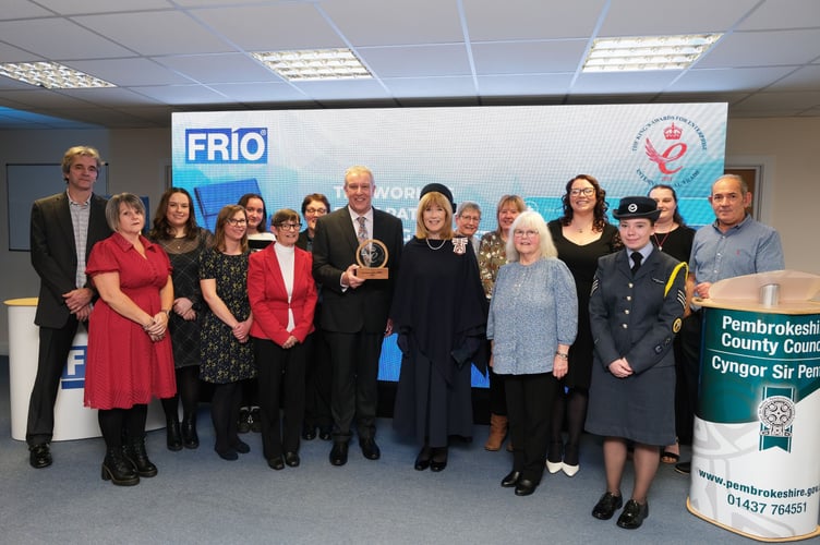 The Lord-Lieutenant of Dyfed, Miss Sara Edwards, Chris Wolsey, Managing Director of FRIO UK and FRIO staff celebrating the King’s Award for Enterprise Award.
