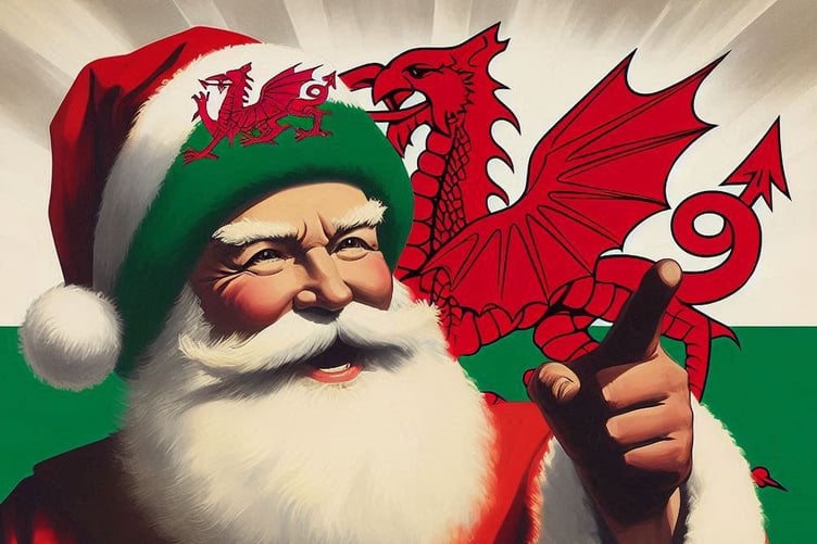 Santa with Welsh flag, pointing like Kitchener poster