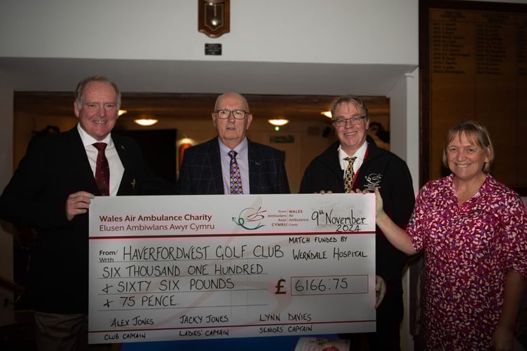 Captain Alex Jones, Lynn Davies, Mike May, the Charity’s Regional Fundraising Manager for west Wales and Ladies Captain Jacky Jones.
