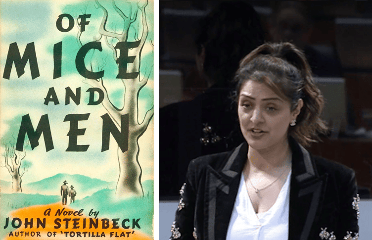 Of Mice and Men - Steinbeck 1937 book cover alongside picture of Natasha Asghar MS.