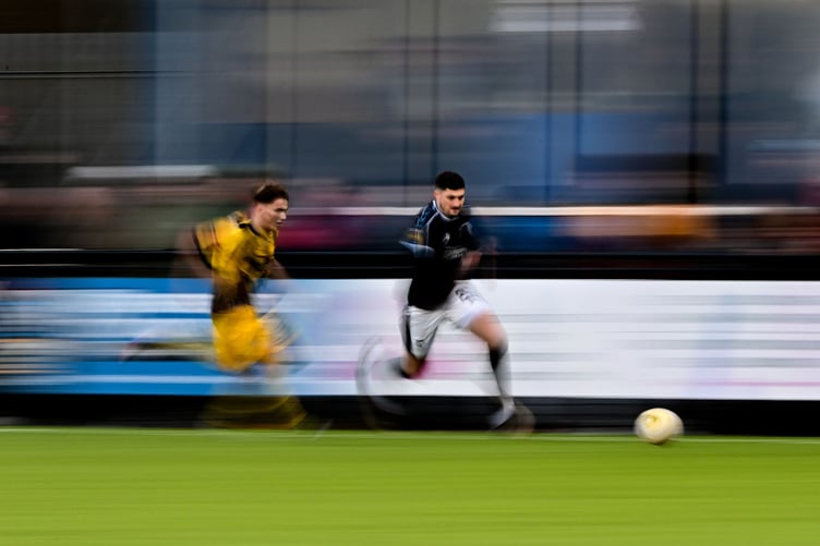 HAVERFORDWEST, WALES - 01 JANUARY 2025: 
Haverfordwest County's Ben Ahmun during the JD Cymru Premier 24/25 Phase 1 match between Haverfordwest County A.F.C and Aberystwyth Town F.C. at Bridge Meadow Stadium in Haverfordwest on the 1st January 2025. (Pic by Ashley Crowden/FAW)