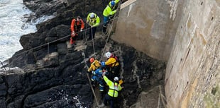 WATCH: Tenby RNLI & Coastguard rescue dog walkers cut-off by the tide