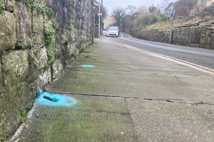 Mess being left along St John’s Hill and down to The Green is seemingly being sprayed-painted bright blue to highlight dog-fouling and prevent pedestrians stepping in it.