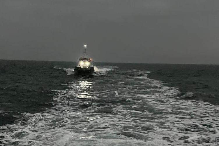 A 19 metre long wind farm support vessel with four people on board on fire off the Pembrokeshire coast, saw an early hours Mayday call for RNLI lifeboat volunteers who raced to its rescue.
