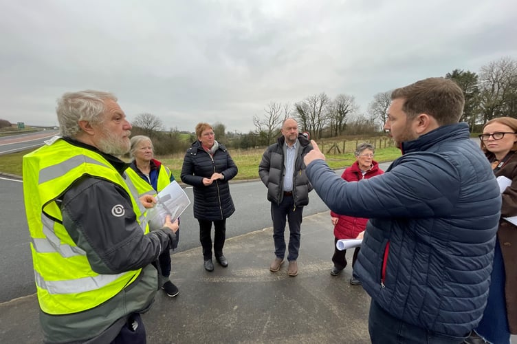 Members of the Eglwyscummin Community Council at the road-side meeting with local politicians Samuel Kurtz MS, Cefin Campbell MS and Ann Davies MP discussing safety concerns at the Red Roses junction.