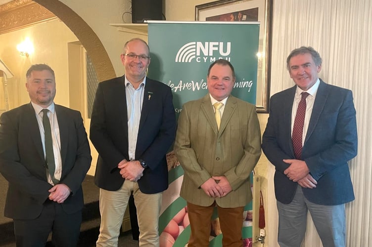 PICTURE CAPTION: Pictured (L-R) are NFU Cymru County Adviser Aled Davies; NFU President Tom Bradshaw; NFU Cymru Pembrokeshire County Chairman Maarten Davies; and NFU Cymru President Aled Jones