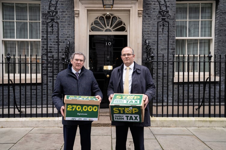 A petition signed by more than 270,000 members of the public has been handed in to 10 Downing Street by NFU President Tom Bradshaw and NFU Cymru President Aled Jones, on behalf of the four UK farming unions, urging government to ditch its devastating family farm tax.