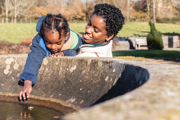 Visitors exploring the formal garden at Christmas time, Dinefwr, Carmarthenshire