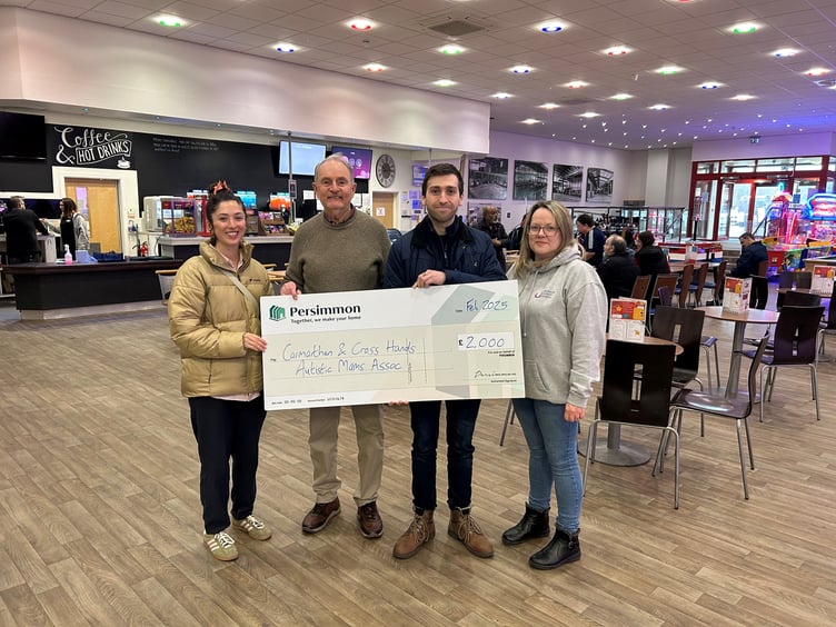 Persimmon Homes West Wales presented a cheque for £2,000 to Carmarthen & Cross Hands Autistic Mams Association (CCAMA) at a coffee morning. The community support and friendship group supports parents and carers of young people with autism from Whitland to Llandovery and Newcastle Emlyn.