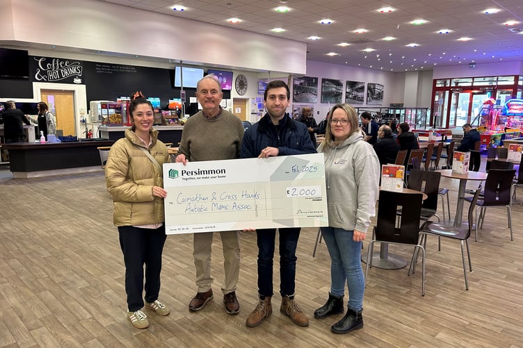 Persimmon Homes West Wales presented a cheque for £2,000 to Carmarthen & Cross Hands Autistic Mams Association (CCAMA) at a coffee morning. The community support and friendship group supports parents and carers of young people with autism from Whitland to Llandovery and Newcastle Emlyn.