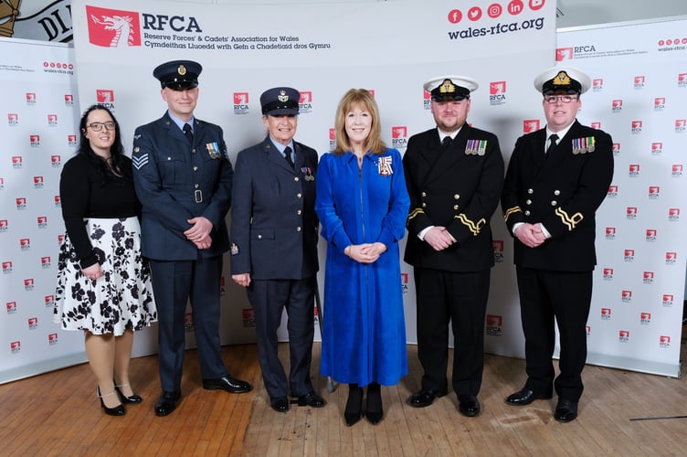Civilian Instructor Lisa Bevan of No 3 Welsh Wing RAF Air Cadets, Flight Sergeant Richard Fisher also of No 3 Welsh Wing RAF Air Cadets, Warrant Officer Jane Sanders of No 3 Welsh Wing RAF Air Cadets, the Lord-Lieutenant of Dyfed, Miss Sara Edwards, Lieutenant Aled Davies of Milford Haven Sea Cadets and Lieutenant Steven Grant of Fishguard Sea Cadets. (L-R)