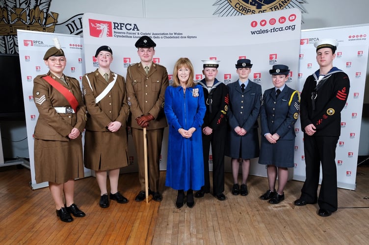 Cadet Sergeant Zuzanna Radkowska of Dyfed & Glamorgan Army Cadet Force, Cadet Sergeant Mariana Lemon of Dyfed & Glamorgan Army Cadet Force, Cadet Squadron Sergeant Major Archie Measey of Dyfed & Glamorgan Army Cadet Force, the Lord-Lieutenant of Dyfed Miss Sara Edwards, Leading Cadet Chloe Faulkner of Llanelli Sea Cadets, Cadet Flight Sergeant Katy Moyes of No 3 Welsh Wing RAF Air Cadets, Cadet Flight Sergeant Laura Edwards of No 3 Welsh Wing RAF Air Cadets and Leading Cadet Finley Fells of Fishguard Sea Cadets. (L-R)