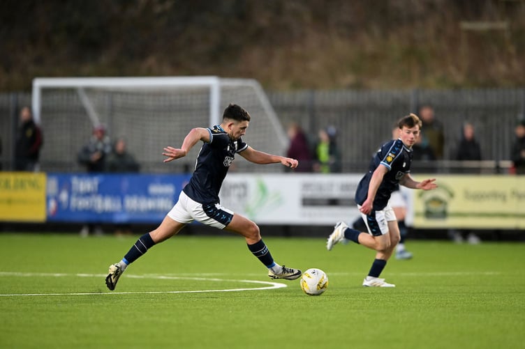 HAVERFORDWEST, WALES - 01 JANUARY 2025: Haverfordwest County's Ben Fawcett during the JD Cymru Premier 24/25 Phase 1 match between Haverfordwest County A.F.C and Aberystwyth Town F.C. at Bridge Meadow Stadium in Haverfordwest on the 1st January 2025. (Pic by Ashley Crowden/FAW)