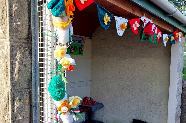 The bus shelter at Penally, adorned with festive St David’s Day knitted creations