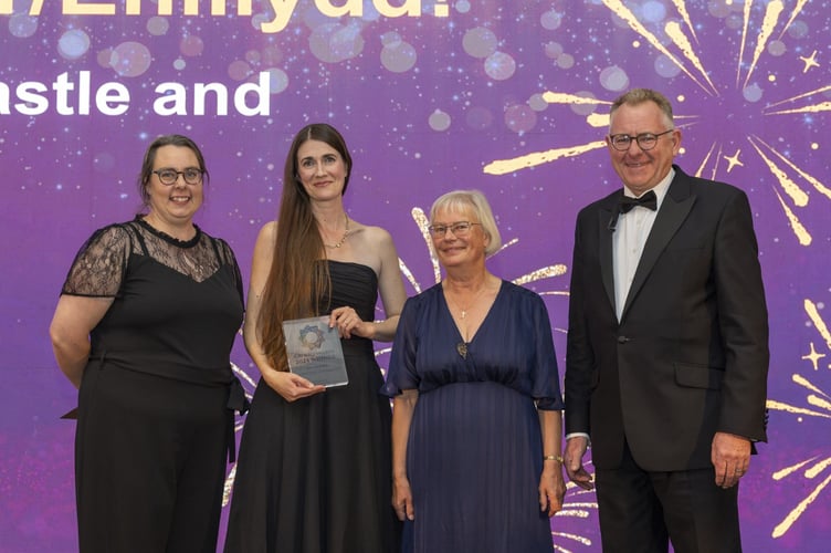 Caption: Carew Castle and Tidal Mill were winners at the South West Wales Tourism Awards hosted by TV personality Jamie Owen, pictured at the event are, from left, Emma Beynon, Operations Manager Folly Farm; Daisy Hughes, Visitor Services Manager for South Pembrokeshire; Dinah Thompson, Visitor Services and Heritage Assistant, Carew Castle and Tidal Mill; and Jamie Owen.