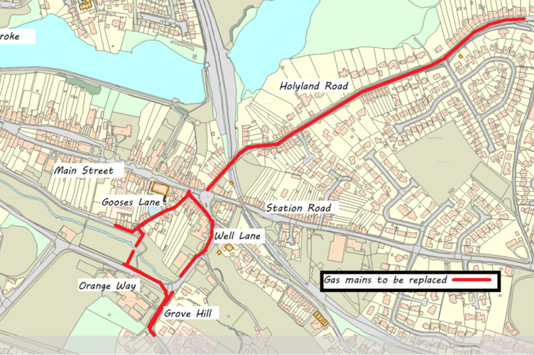 Gas main replacement work in Pembroke - map