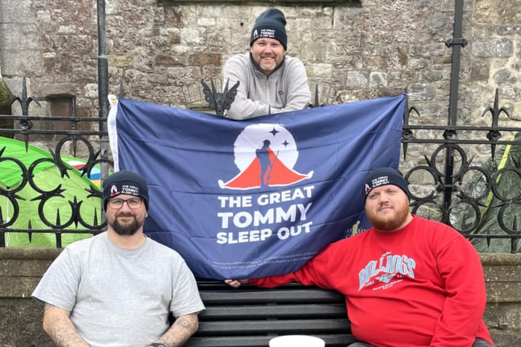 Gareth Lloyd-Jones, Tenby Mayor Dai Morgan and RBL Chair Shane Roberts set up for the Great Tommy Sleep Out