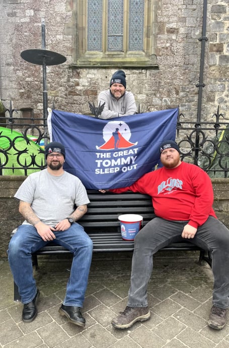 Gareth Lloyd-Jones, Tenby Mayor Dai Morgan and RBL Chair Shane Roberts set up for the Great Tommy Sleep Out