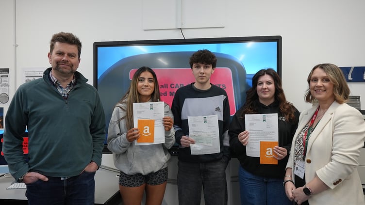 Winners Silas, Sabrina and Taya with Course Lecturer Denys Bassett-Jones and PCC Road Safety Officer Sally Jones.