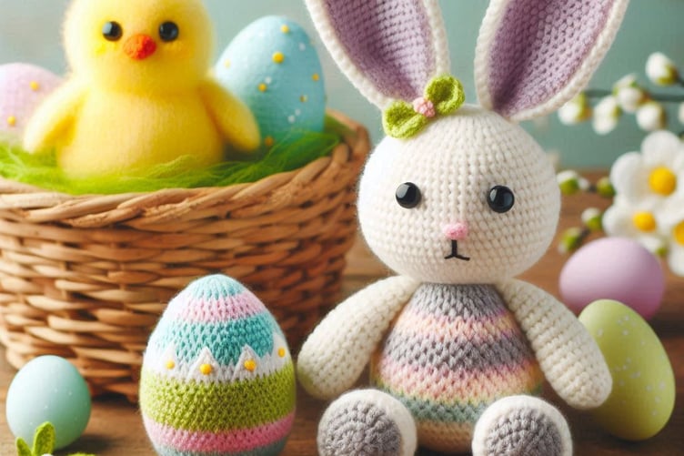 Easter knitted egg, bunny and chick