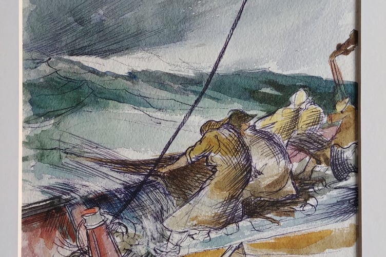 Hauling in the net - painting