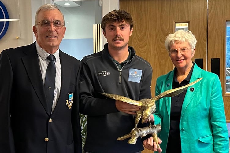 Trubshaw cup  winner Iestyn McAvoy with Tenby GC president David Blackmore and club captain Heather K. Morgan