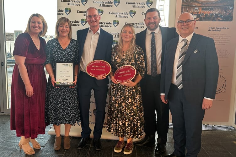 PICTURE CAPTION: Samuel Kurtz MS with Andy and Fiona Mounsey (Velfrey Vineyard) and Tracy Watkins (Coterie Leather) are joined by Paul Davies MS and ITV Cymru Wales’ Hannah Thomas. 