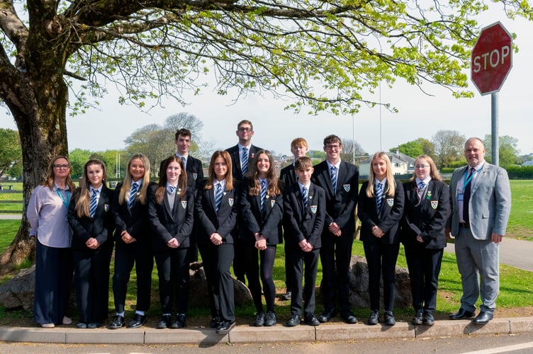 The newly elected Prefect Team 2025 - 2026 at Ysgol Greenhill, Tenby, including head prefects Jem Barker and Poppy Evans, and deputy head prefects Libby Diment and Isaac Noyce.