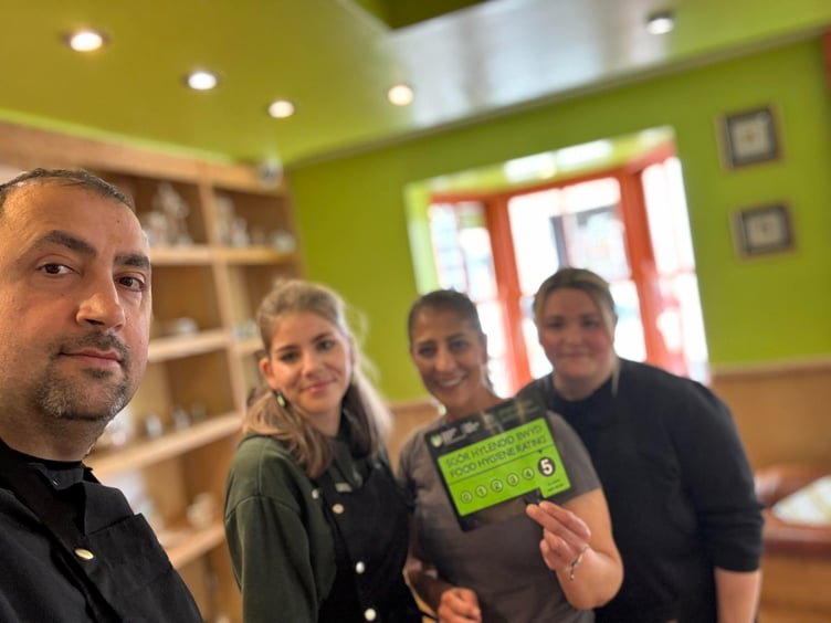 “We did it – 5 Stars!” say the jubilant team at Turkish Kitchen, Haverfordwest: Owner / Chef Hatice, Mustafa (Head Chef), and waitresses Rechel and Katie.