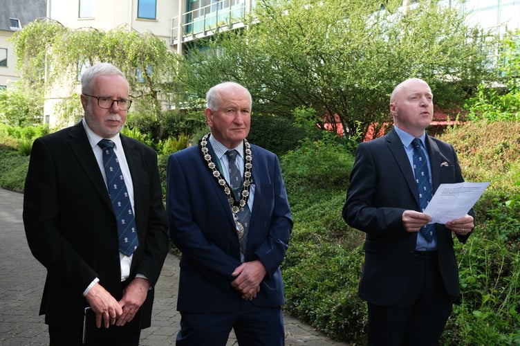 Councillors and staff gathered at County Hall for the VE Day 80 proclamation, read in Welsh by Cllr Delme Harries, Member Champion for Welsh language and in English by Cllr Simon Hancock, the Presiding Member and Member Champion for Armed Forces.