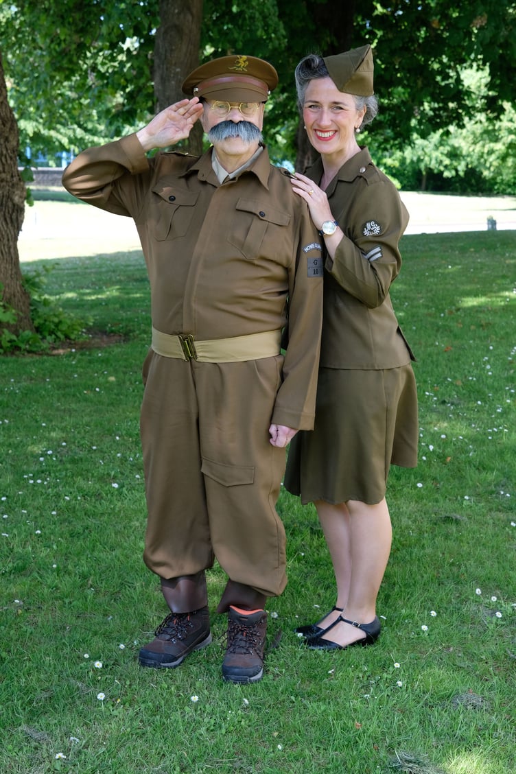 Vera Lynn (Peri Lynn) meets Captain Mainwaring (John Mitchell) at Pembroke Dock Heritage Centre to promote the 1940s Big Band Dance