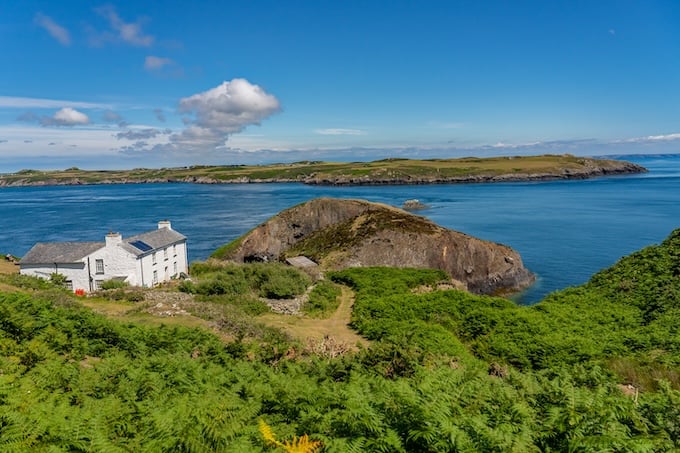 The white farm house and café on Ramsey Island RSPB nature reserve