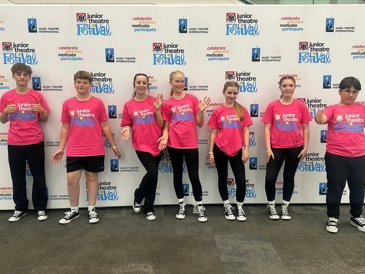 Students from Ysgol Greenhill who excelled themselves at the MTI Junior Theatre Festival: Ben Hughes, Tayla Gibbs (not in picture as she was chosen as an All Star so busy rehearsing to perform on the main stage), Abigail James, Polly Joseph, Amelia Stanley, Adia Jones, Ben Craig and Vincenzo Denunzio