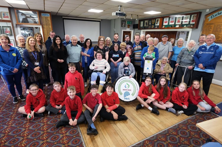 Members of the Living Memory Group with local band ‘The Elderly Brothers’, representatives of Narberth Rugby Club Committee, South Hook LNG Terminal, PAVS and Narberth CP School