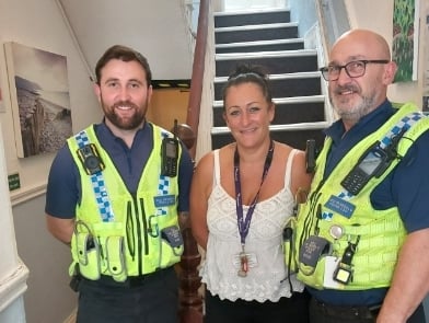 PCSO'S Andrew and Luca visiting Adferiad West Wales this morning speaking to members and staff regarding Anti-Social Behaviour Awareness Week,