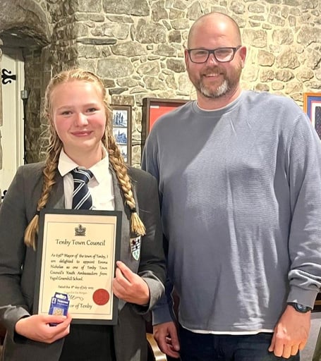 One of the new 'Youth Representatives' from Greenhill School, Emma Nicholls is pictured in the Town Council chambers with Mayor of Tenby, Cllr Dai Morgan