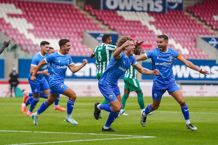 LLANELLI , WALES - 17 JULY 2025: Greg Walters of Haverfordwest County celebrating during the UEFA Europa Conference League First qualifying round second leg fixture between Haverfordwest County & Floriana at Parc Y Scarlets, Llanelli , Wales (Pic by Jamie Edwards)
