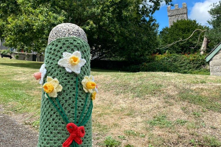 Yarn-crafted daffodils at Penally