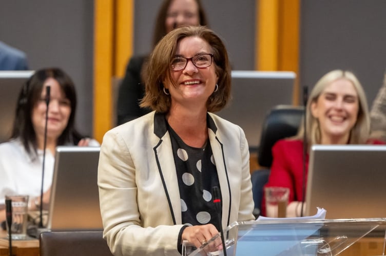 Eluned Morgan in the Senedd chamber after being voted First Minister of Wales on 6th August 2024. 