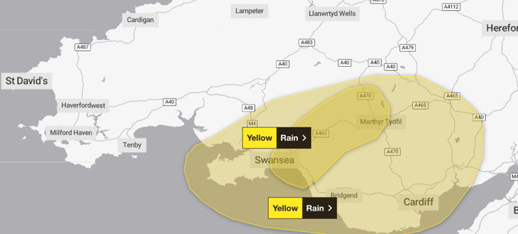 Met Office yellow weather warning for parts of South Wales