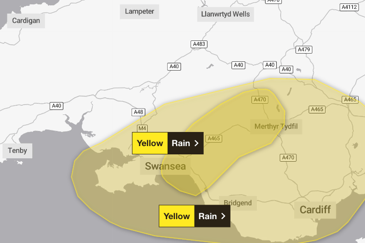 Met Office yellow weather warning for parts of South Wales