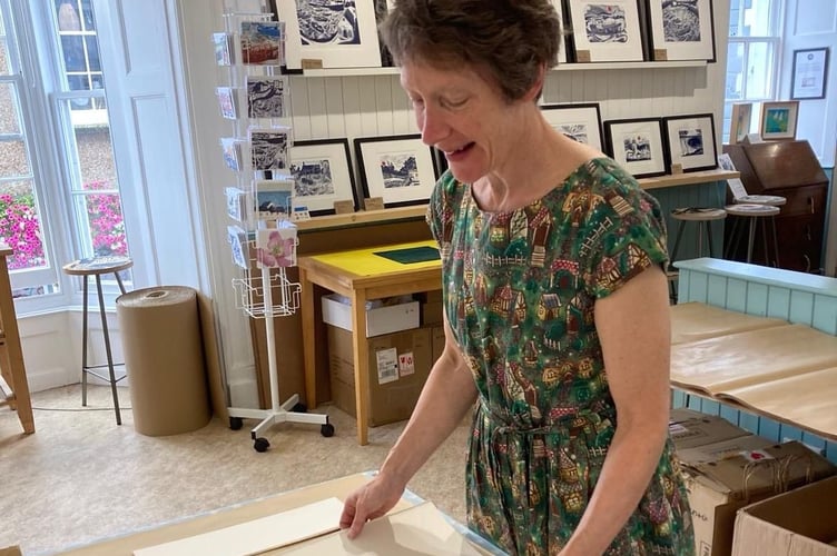 Kim Carlow in her studio in Tenby