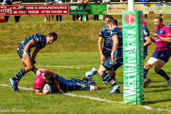 Lewys Gibby scoring his try to delight of Jonathan Rogers