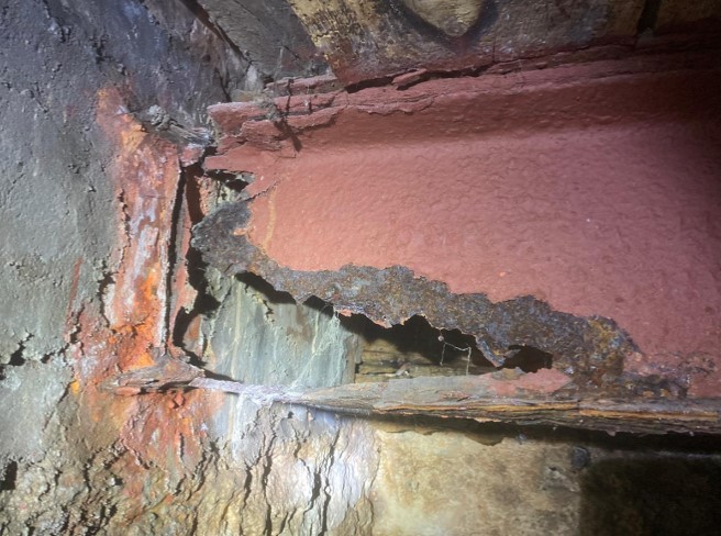 A dangerous support beam for the bells at St Mary’s Church, Pembroke. Its condition strongly influenced the decision to remove the bells at an early stage. Picture: Pembrokeshire County Council report.
